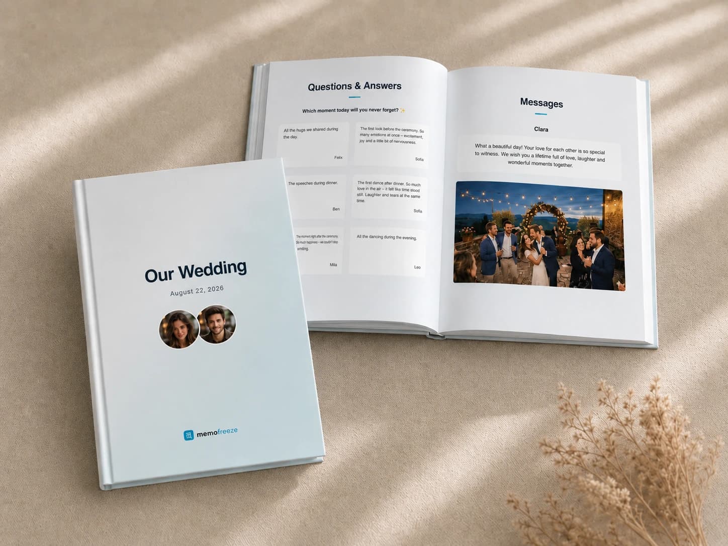 Printed Memofreeze event book with cover, questions, and posts