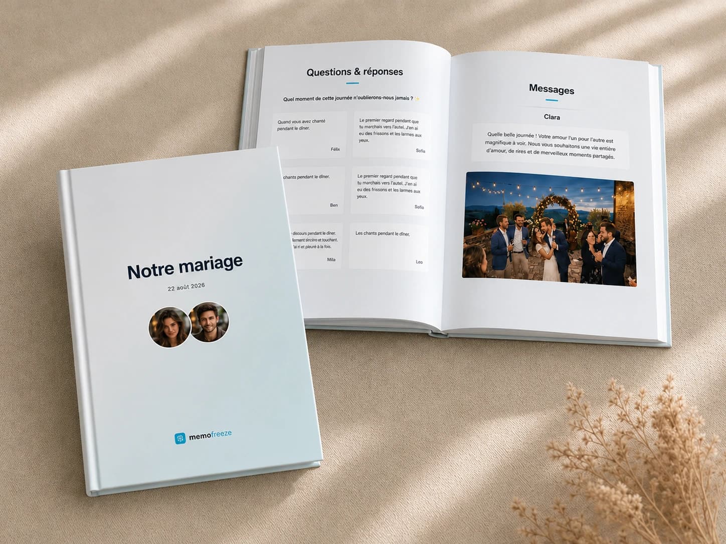 Livre événementiel Memofreeze imprimé avec couverture, questions et publications