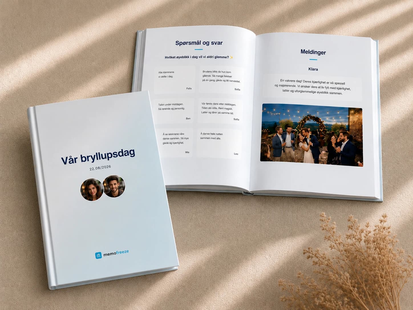 Trykt Memofreeze-eventbok med omslag, spørsmål og innlegg.