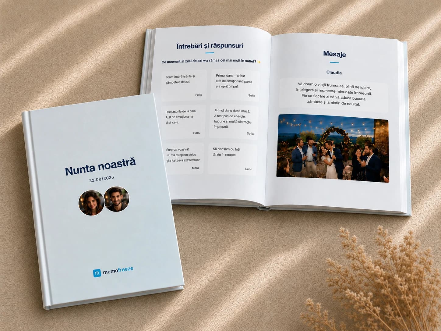 Carte tipărită Memofreeze pentru eveniment, cu copertă, întrebări și postări