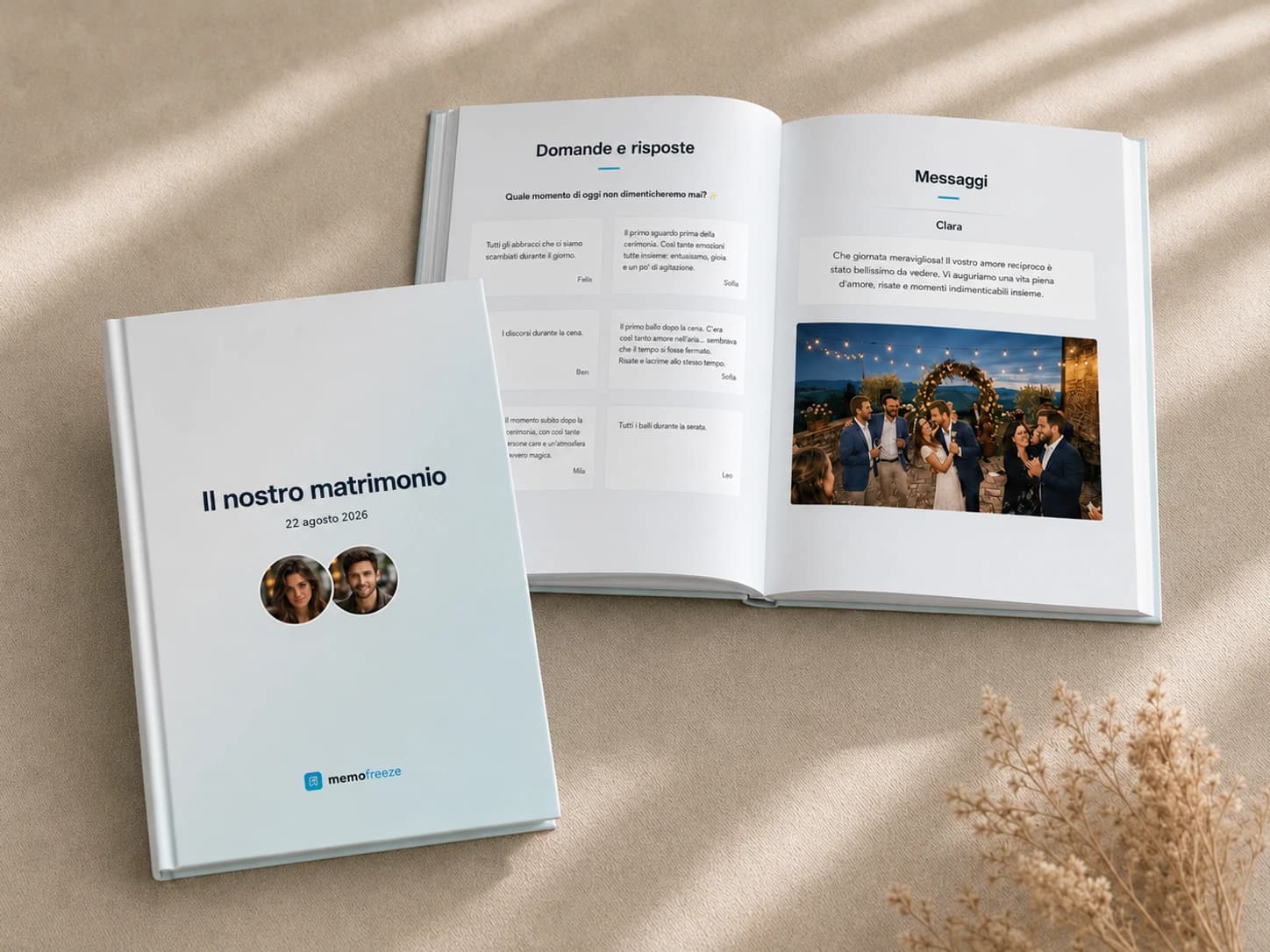 Libro dell'evento Memofreeze stampato con copertina, domande e post