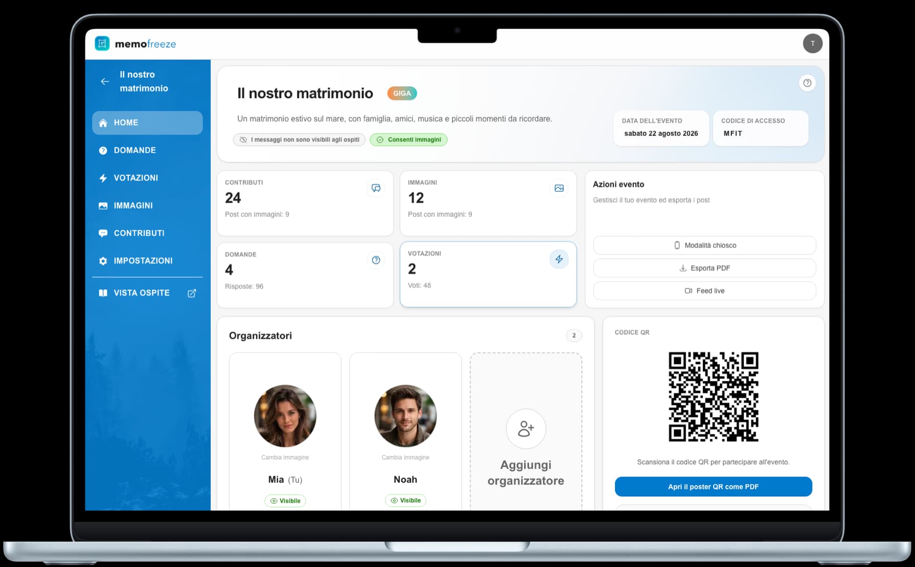 Dashboard amministrativa di Memofreeze